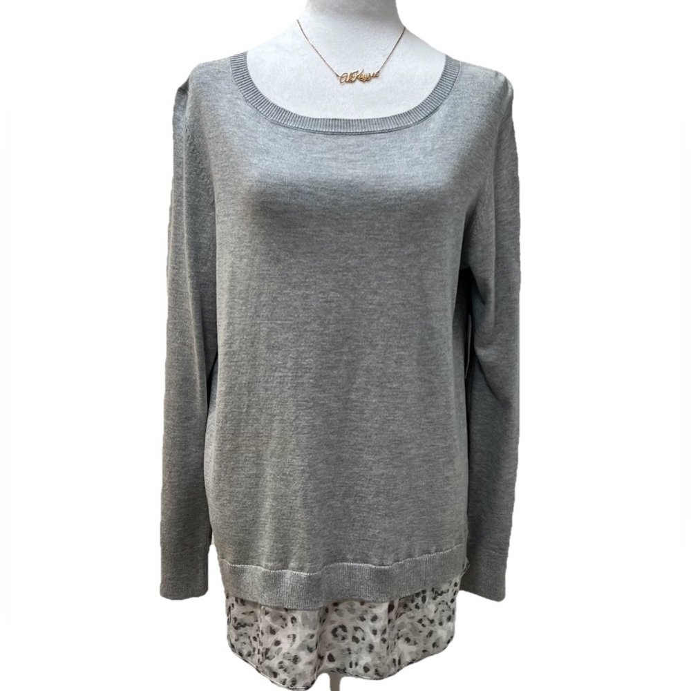 Faded Glory Scoop Neck Light Gray Sweater Layered Animal Print Hemline L (12/14)